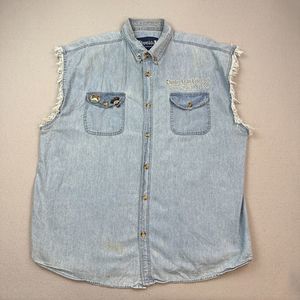 Bike Week Shirt Adult XL Blue Denim Cutoff Sleeve Panama City Beach Biker Pins